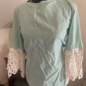 Liz Claiborne Mint and White Striped Blouse with Lace Sleeves